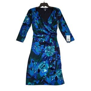 New! Chaps Women's  Blue Green Floral Stretch Midi Dress Faux Wrap Small